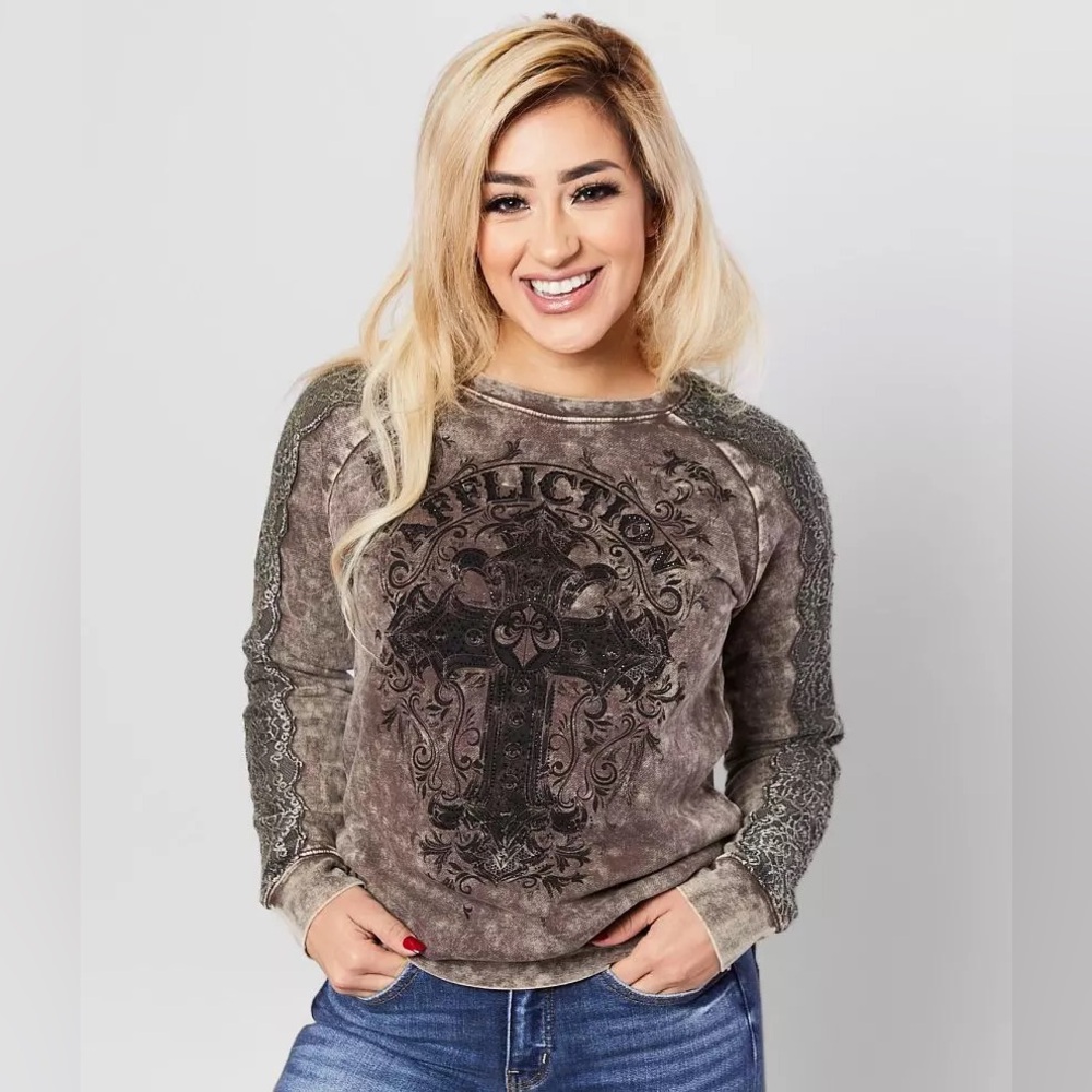 Ed Hardy Affliction Y2K Lace Trim Crewneck RARE Brand Vintage Size Medium